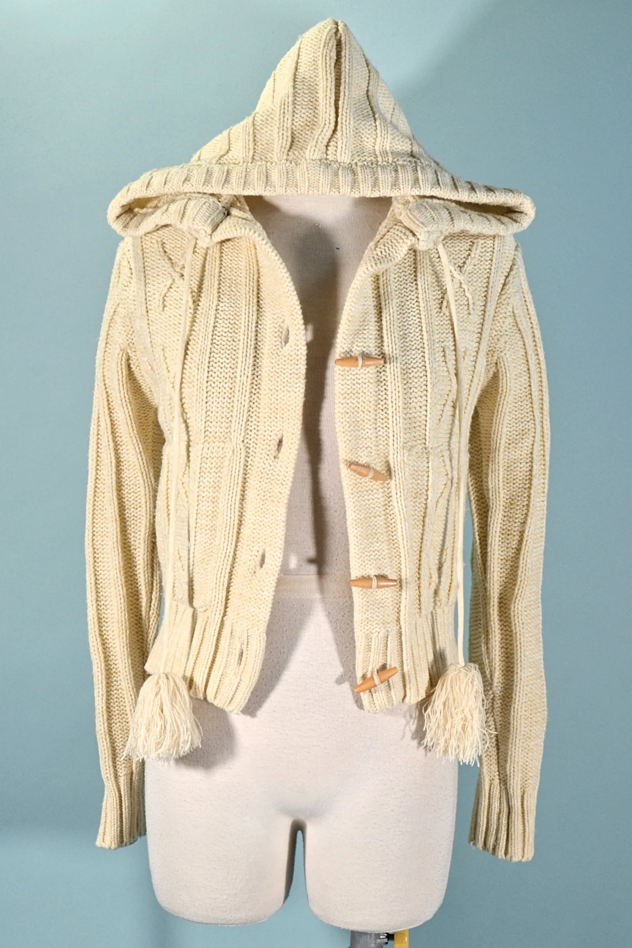 SOLD Vintage 60s/70s Cropped Cream Acrylic Sweater, Hood  Pockets S