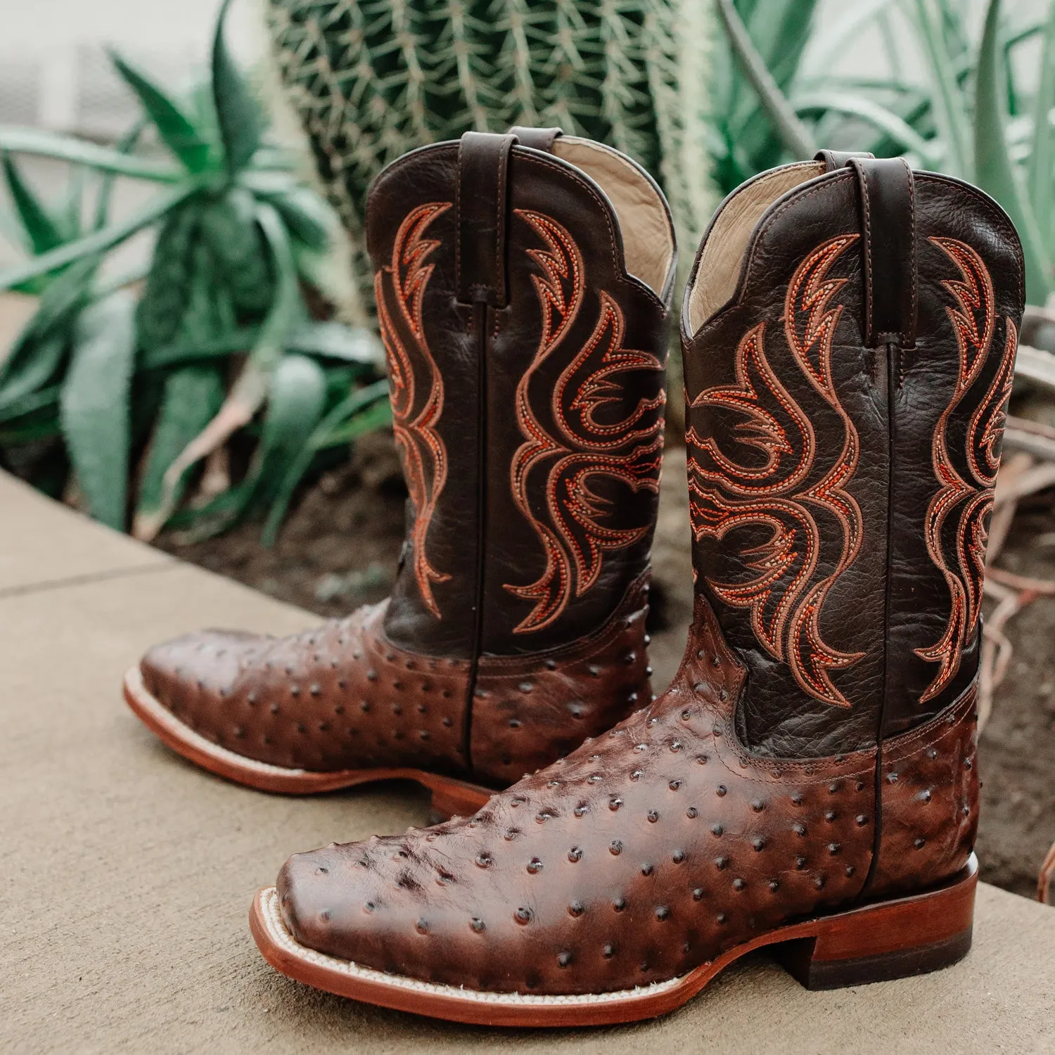 Soto Boots Men's Ostrich Print Square Toe Cowboy Boots H8001-Brown