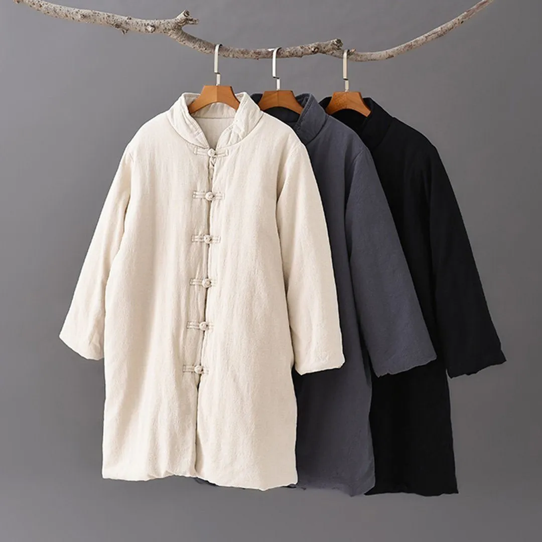 Stand Collar Cotton Linen Solid Coat