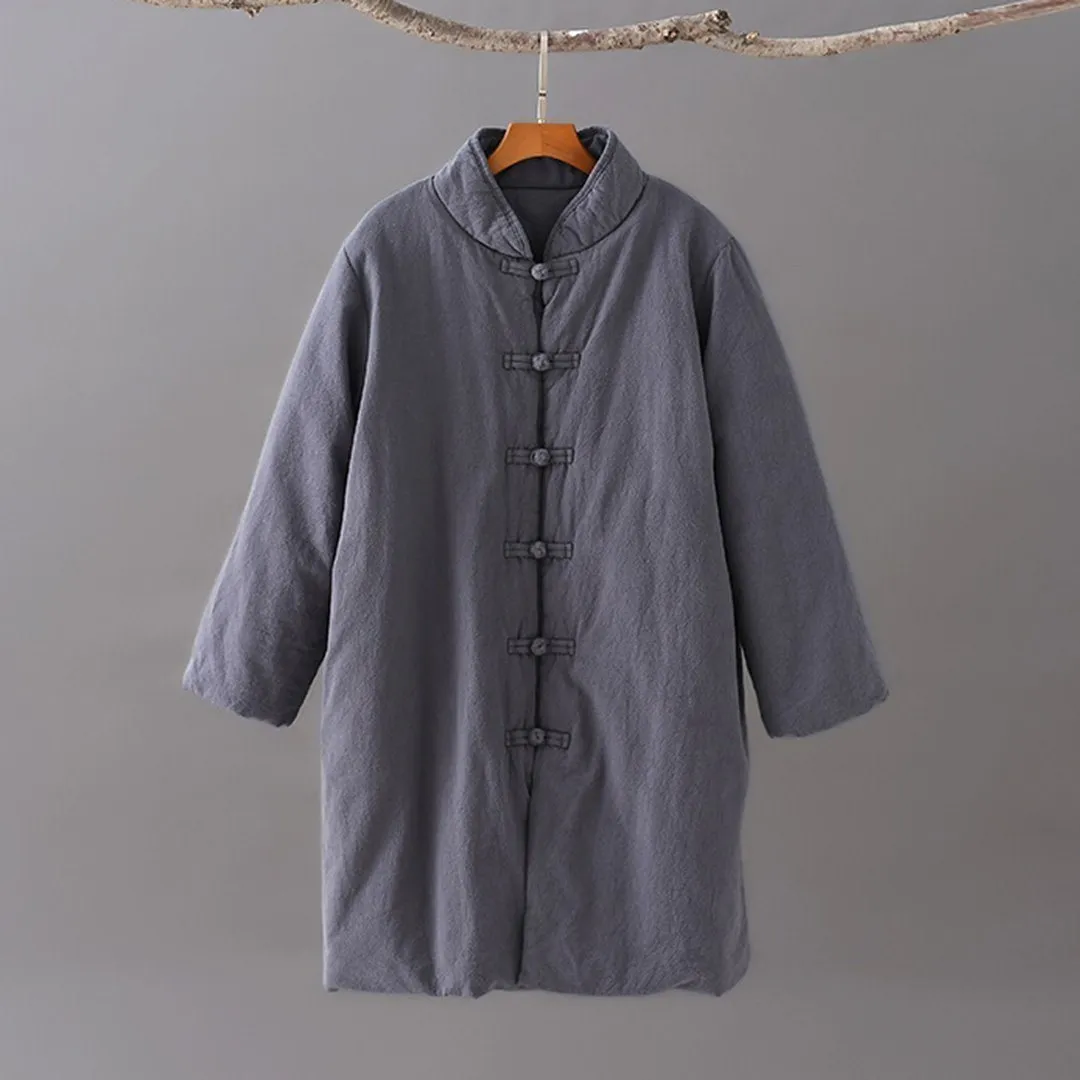 Stand Collar Cotton Linen Solid Coat