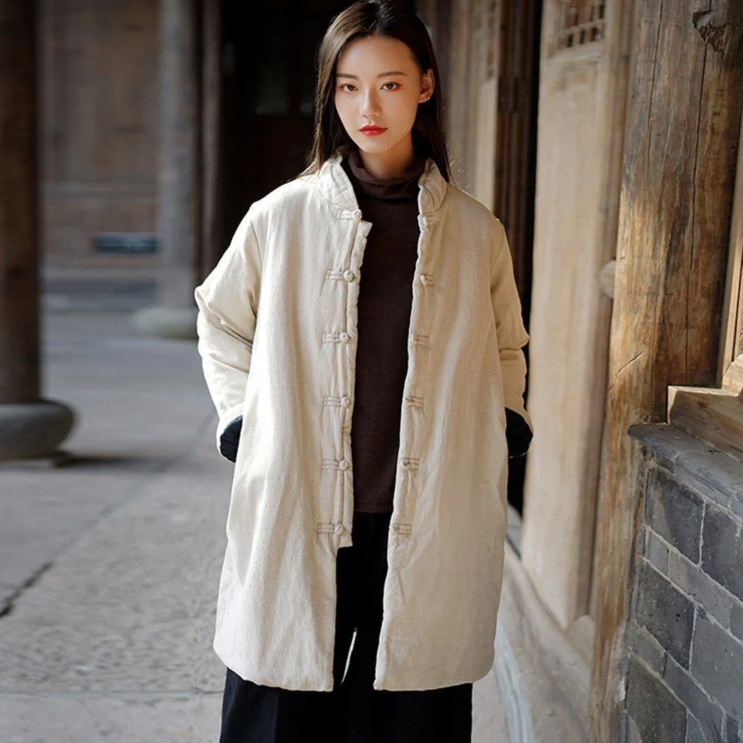 Stand Collar Cotton Linen Solid Coat