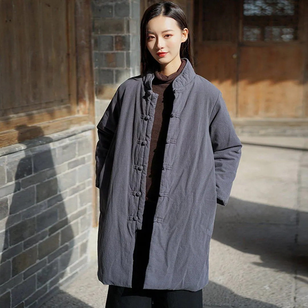 Stand Collar Cotton Linen Solid Coat