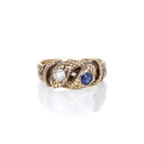 Victorian Old European Diamond Natural Sapphire Interlocking Snake Ring