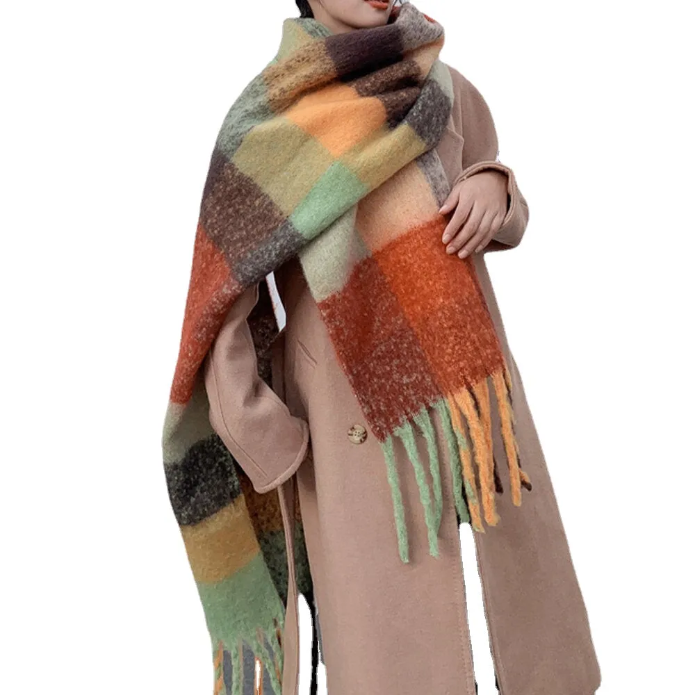 Women Cashmere Dual-use Rainbow Mixed Color Stripes Thicken Warm Plus Long Tassel Scarf Shawl