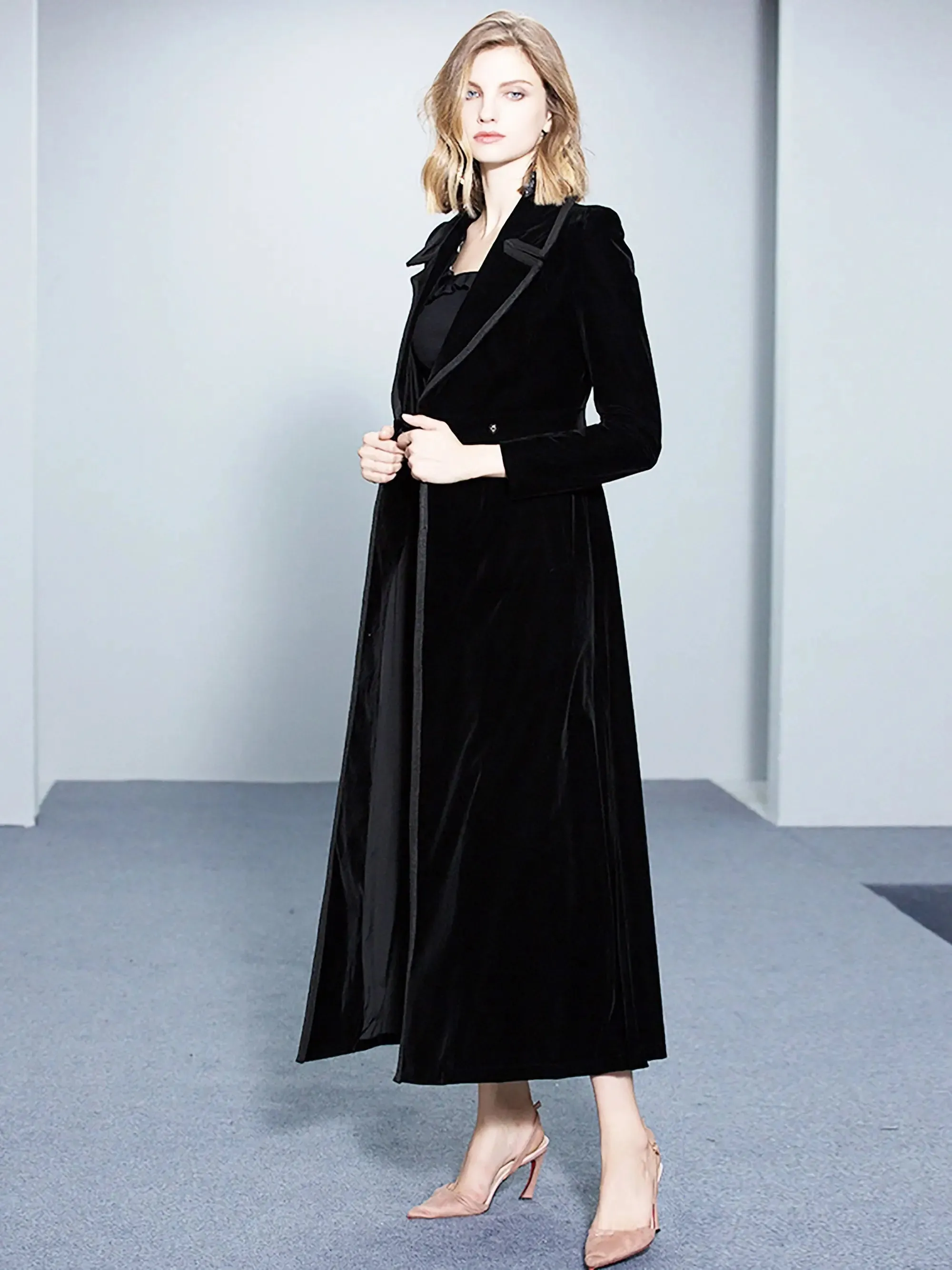 Women Winter Lapel Black Velvet Long Overcoat,Fall Trench Coat,Black Long Maxi Coat,Parka Overcoat Outwear,Blend Coat,overcoat female