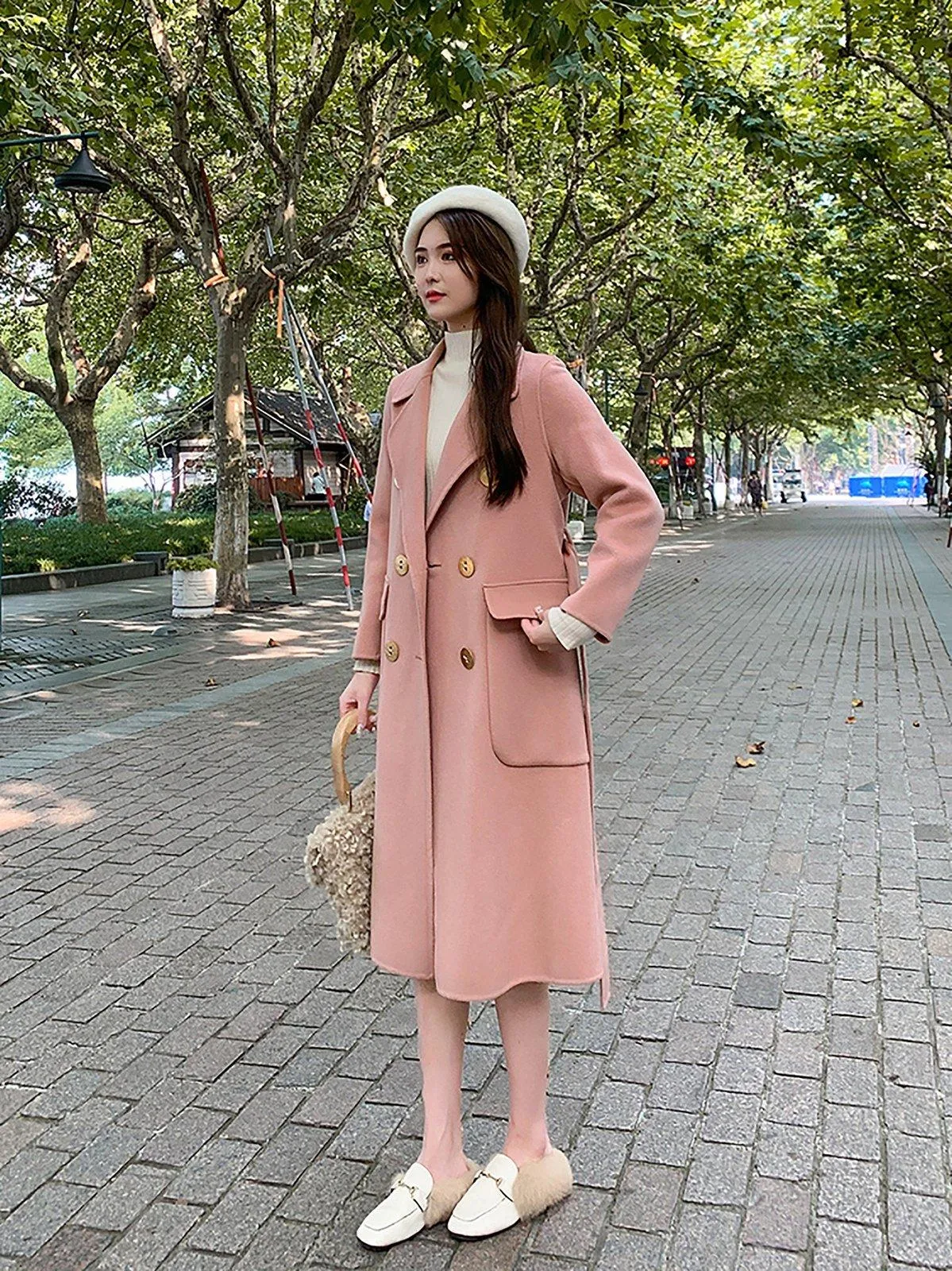 Women's Double-faced cashmere coat pink double-breasted loose Overcoat woolen coat,Winter Wool Blend Coat,Fall Woolen Long Coat outerwear