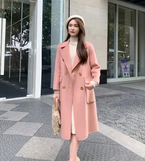 Women's Double-faced cashmere coat pink double-breasted loose Overcoat woolen coat,Winter Wool Blend Coat,Fall Woolen Long Coat outerwear