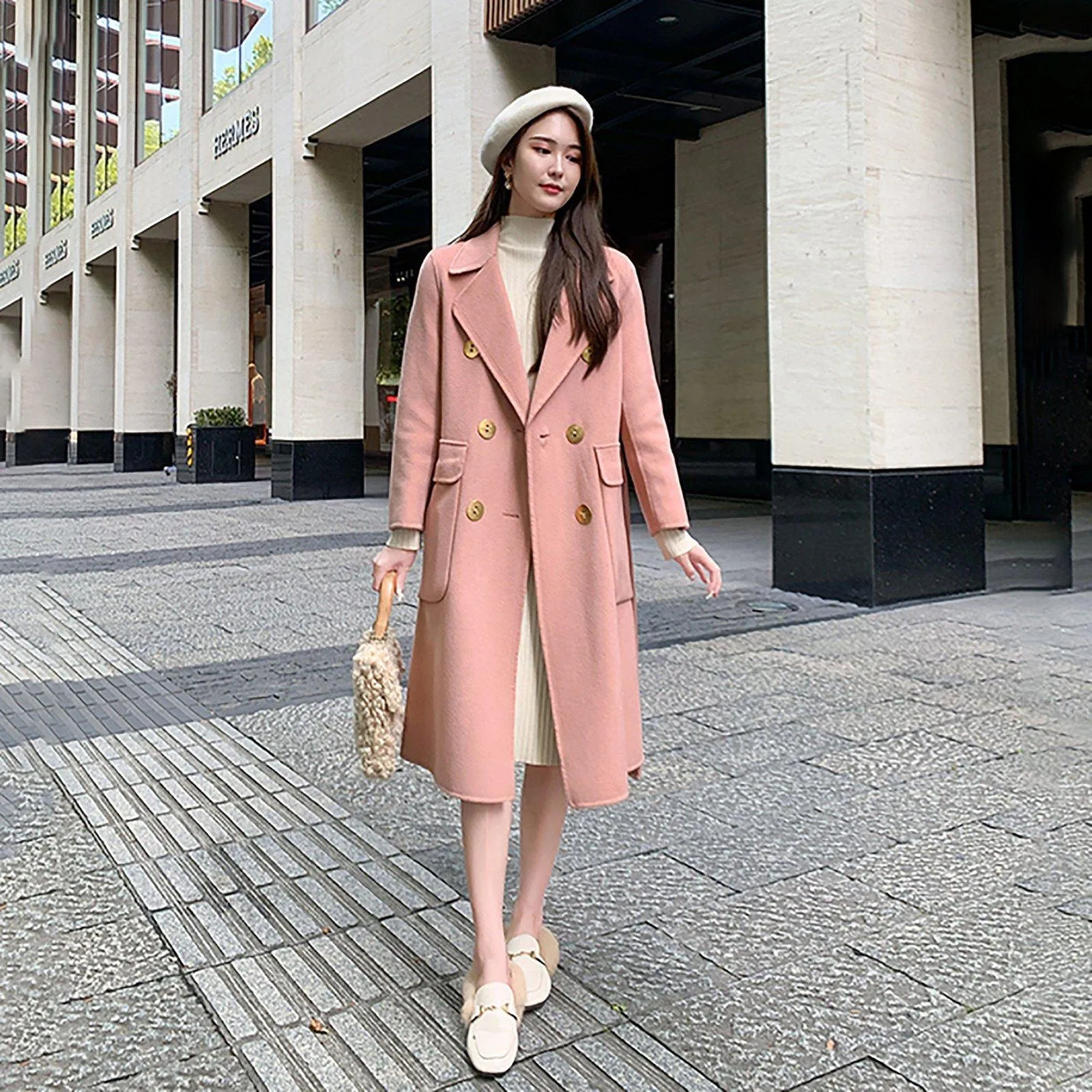 Women's Double-faced cashmere coat pink double-breasted loose Overcoat woolen coat,Winter Wool Blend Coat,Fall Woolen Long Coat outerwear